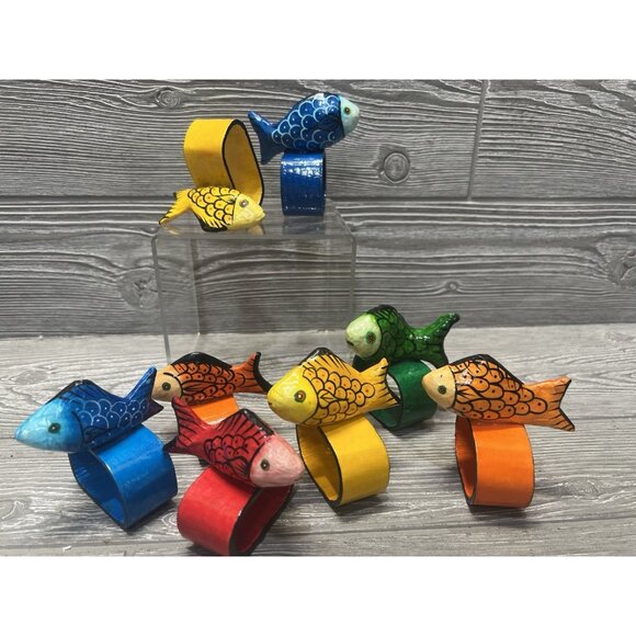 Colorful Hand Painted Thin Wood Paper Mache Fish Napkin Rings Set of 8 Cabo 1994 - Picture 1 of 8